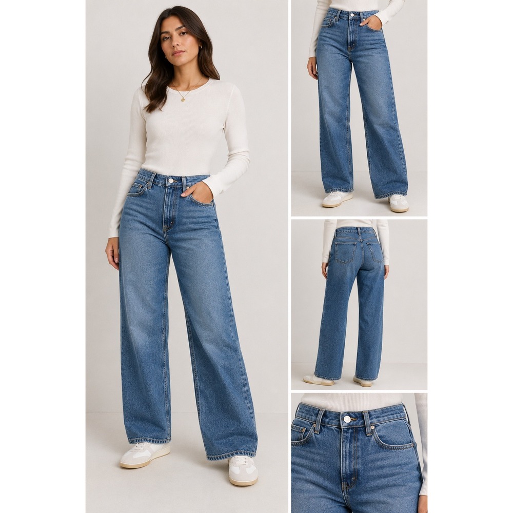 Mango High Rise Wide Leg Straight Jeans Womens 8 Medium Wash Blue Cotton